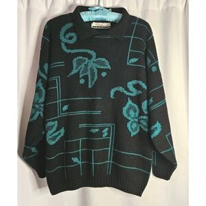Diana Marco Vintage Collared Black Teal Sweater Geometric Pattern Large Made USA